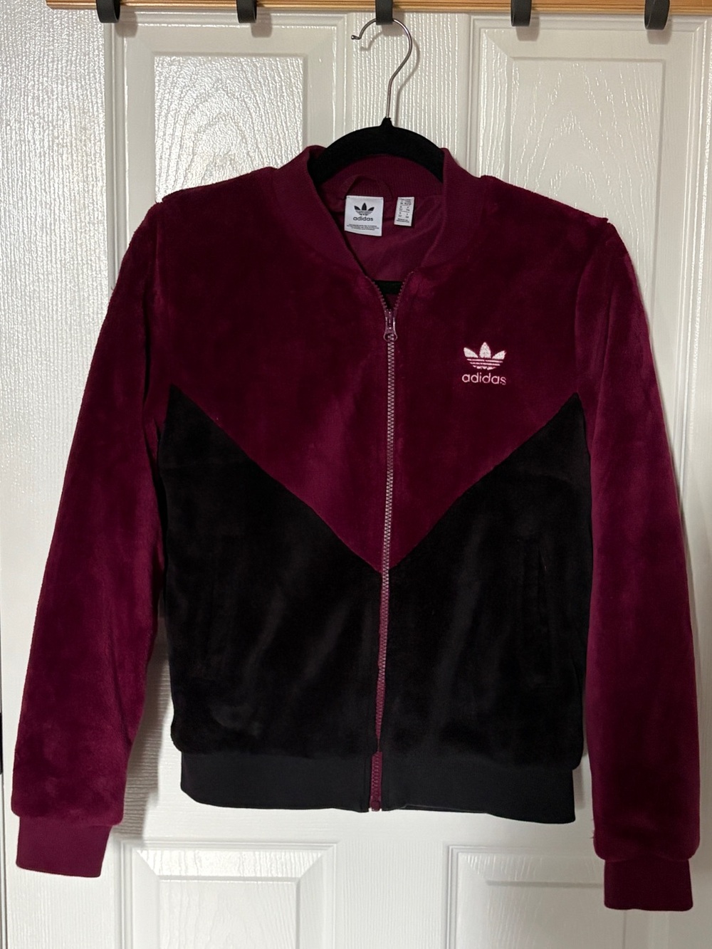 99% new. Adidas Women's Maroon and Black Velvet-Style Bomber Jacket